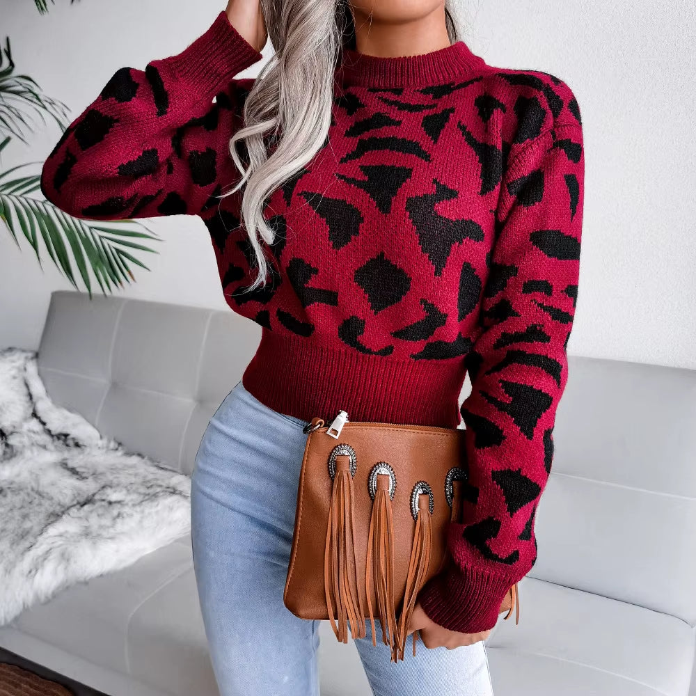 Women’s Leopard Print Sweater – Cozy Long Sleeve Knit Pullover for Fall & Winter
