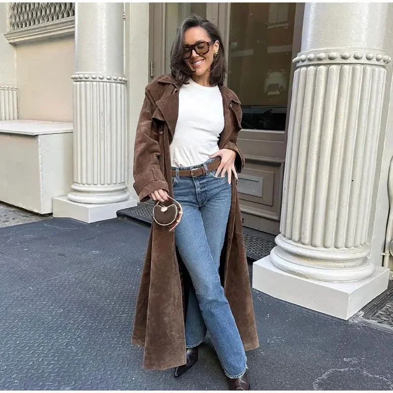 Women's Long Trench Coat with Belt – Elegant Double-Breasted Winter Outerwear