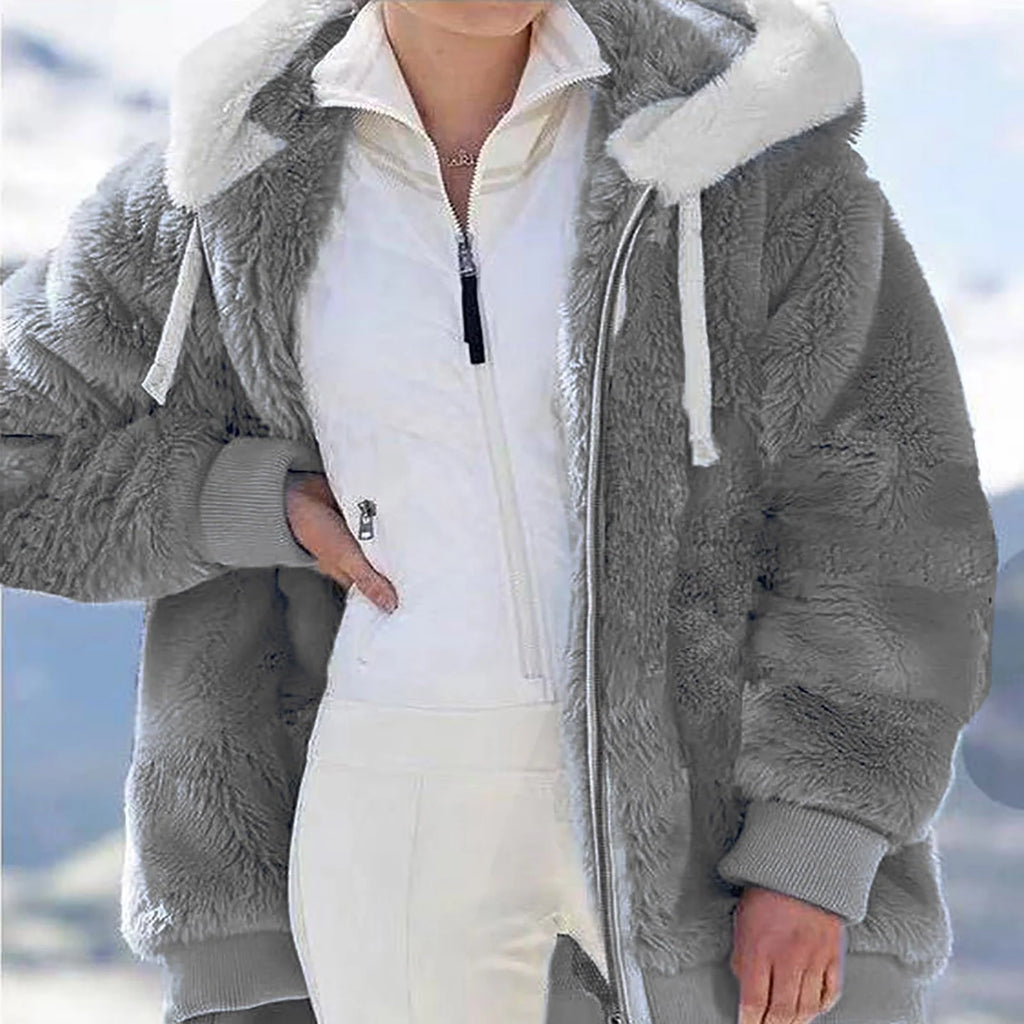 Women’s Winter Faux Fur Hooded Coat – Warm Thick Plush Jacket