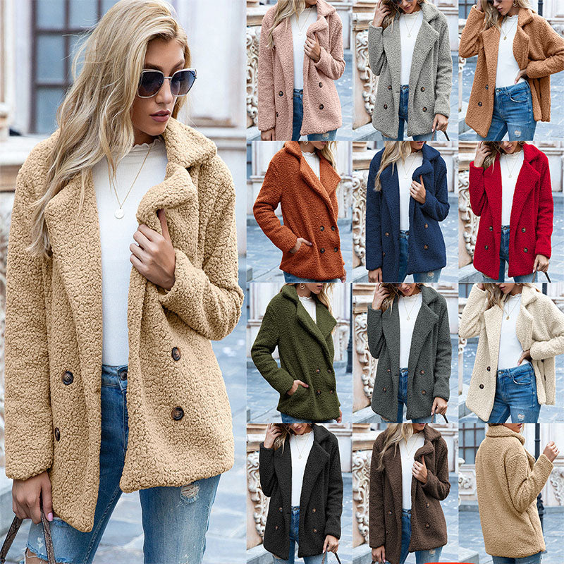 Loose Lapel Fluffy Winter Coat – Elegant Button-Up Outerwear for Women