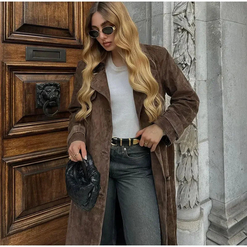 Women's Long Trench Coat with Belt – Elegant Double-Breasted Winter Outerwear