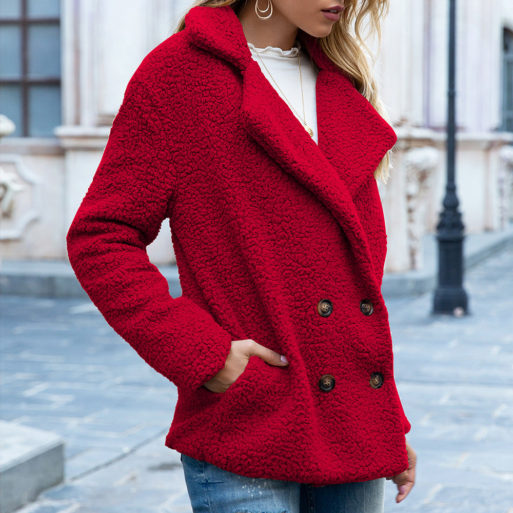 Loose Lapel Fluffy Winter Coat – Elegant Button-Up Outerwear for Women