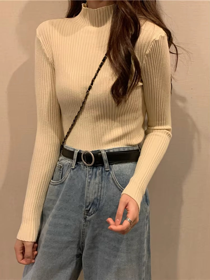 Women's Turtleneck Knit Sweater – Cozy Autumn & Winter Long Sleeve Pullover