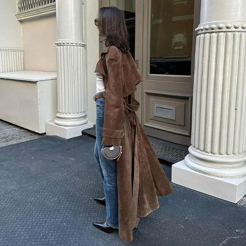 Women's Long Trench Coat with Belt – Elegant Double-Breasted Winter Outerwear