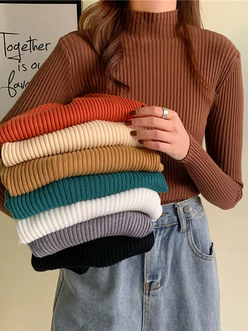 Women's Turtleneck Knit Sweater – Cozy Autumn & Winter Long Sleeve Pullover