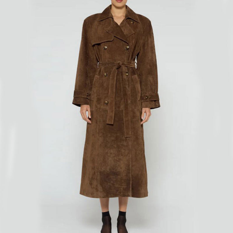 Women's Long Trench Coat with Belt – Elegant Double-Breasted Winter Outerwear