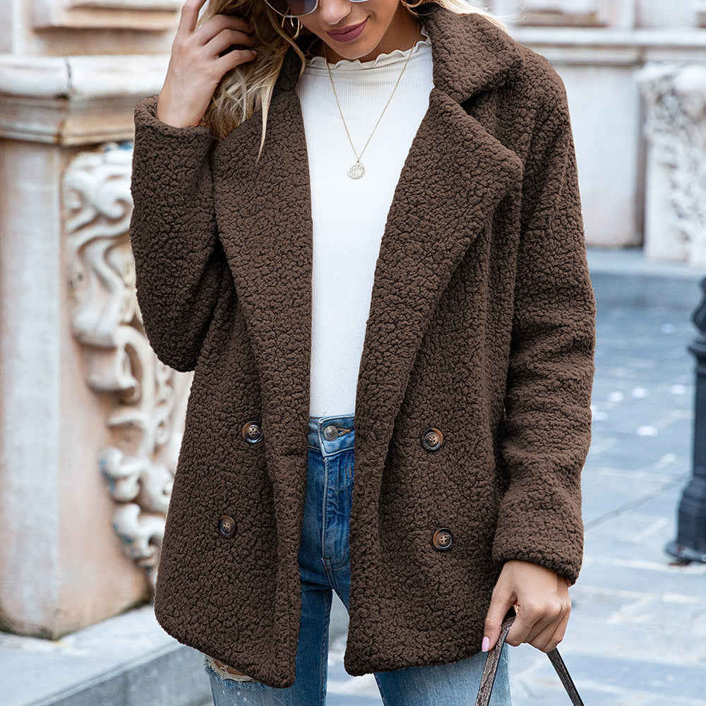 Loose Lapel Fluffy Winter Coat – Elegant Button-Up Outerwear for Women