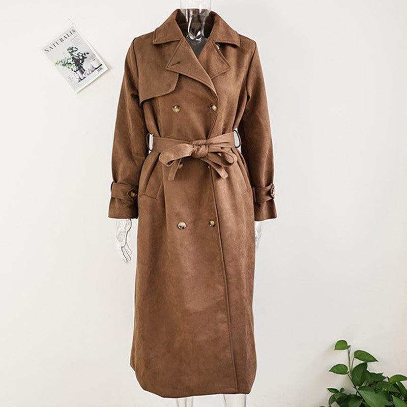 Women's Long Trench Coat with Belt – Elegant Double-Breasted Winter Outerwear