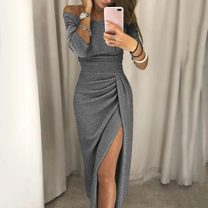 Elegant Off-Shoulder Midi Dress High Waist Bodycon Evening & Party Dress