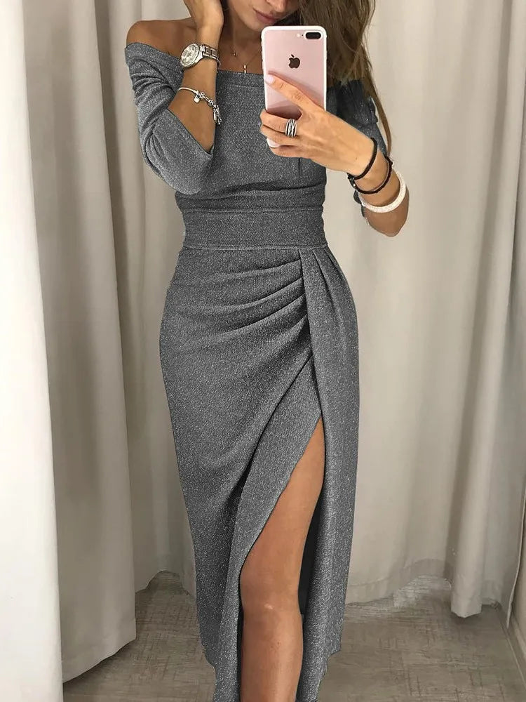 Elegant Off-Shoulder Midi Dress High Waist Bodycon Evening & Party Dress