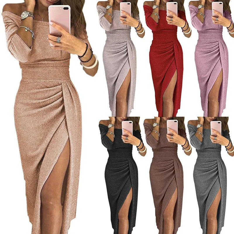 Elegant Off-Shoulder Midi Dress High Waist Bodycon Evening & Party Dress