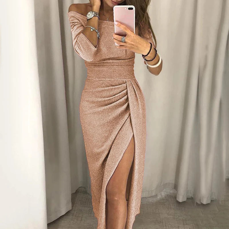 Elegant Off-Shoulder Midi Dress High Waist Bodycon Evening & Party Dress