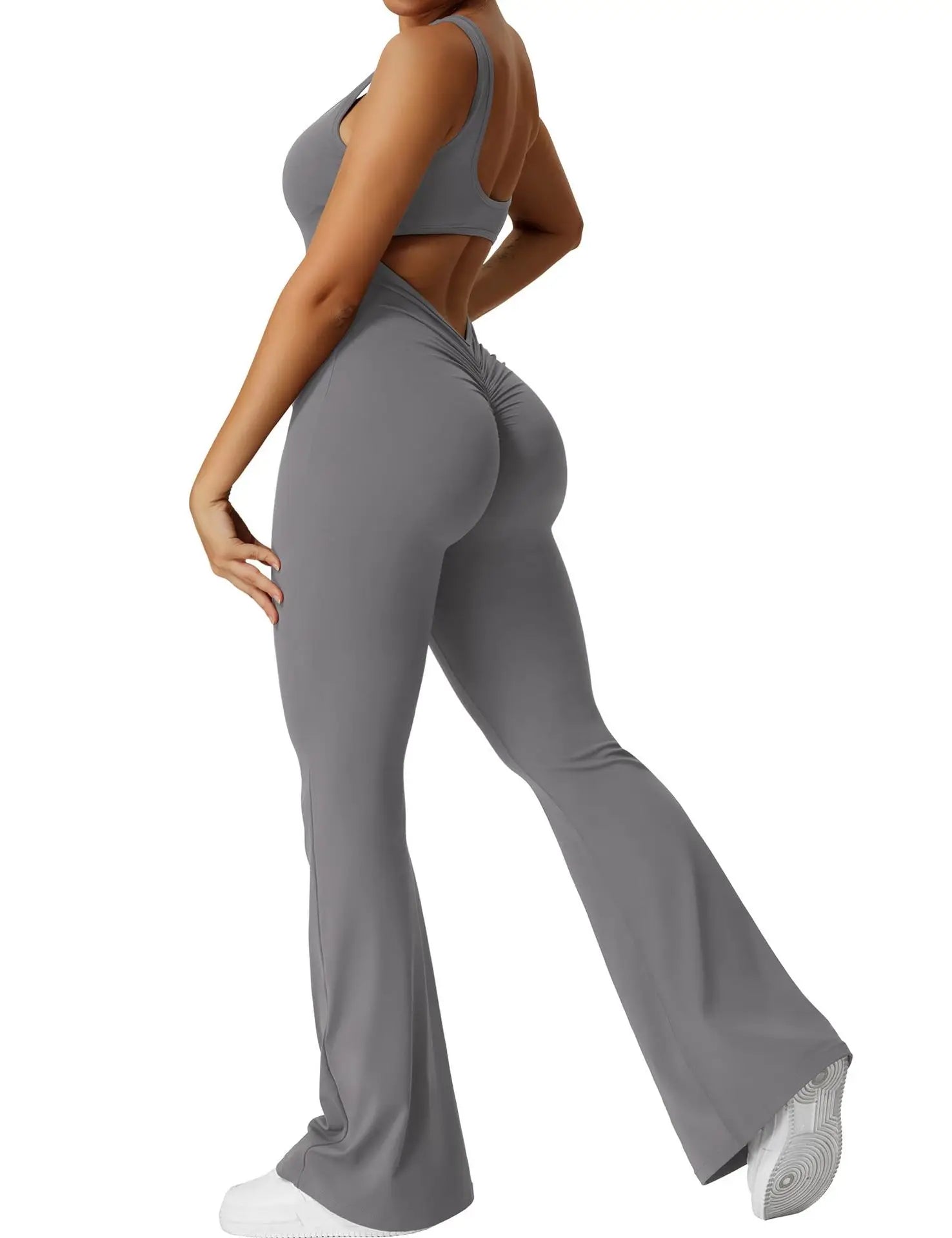 Women’s Flared Fitness Jumpsuit  Backless High-Waist Yoga Bodysuit with Hip Lift & Stretch Fit