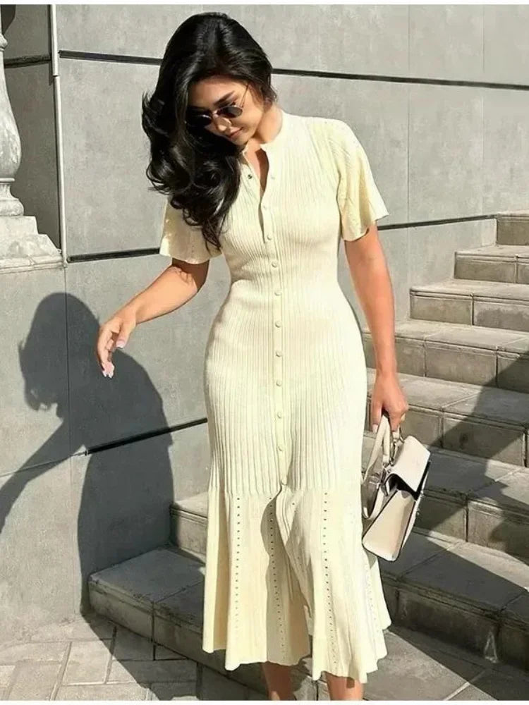 Women’s Elegant Knitted Maxi Dress O-Neck Button Detail High Waist Split Casual Chic Outfit