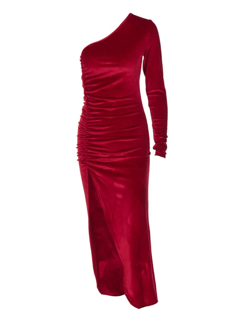 Elegant One-Shoulder Velvet Midi Dress – Long Sleeve Party & Evening Bodycon Dress for Women