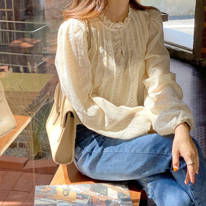 Elegant Lace Long Sleeve Blouse for Women – Casual Chic Office & Everyday Wear
