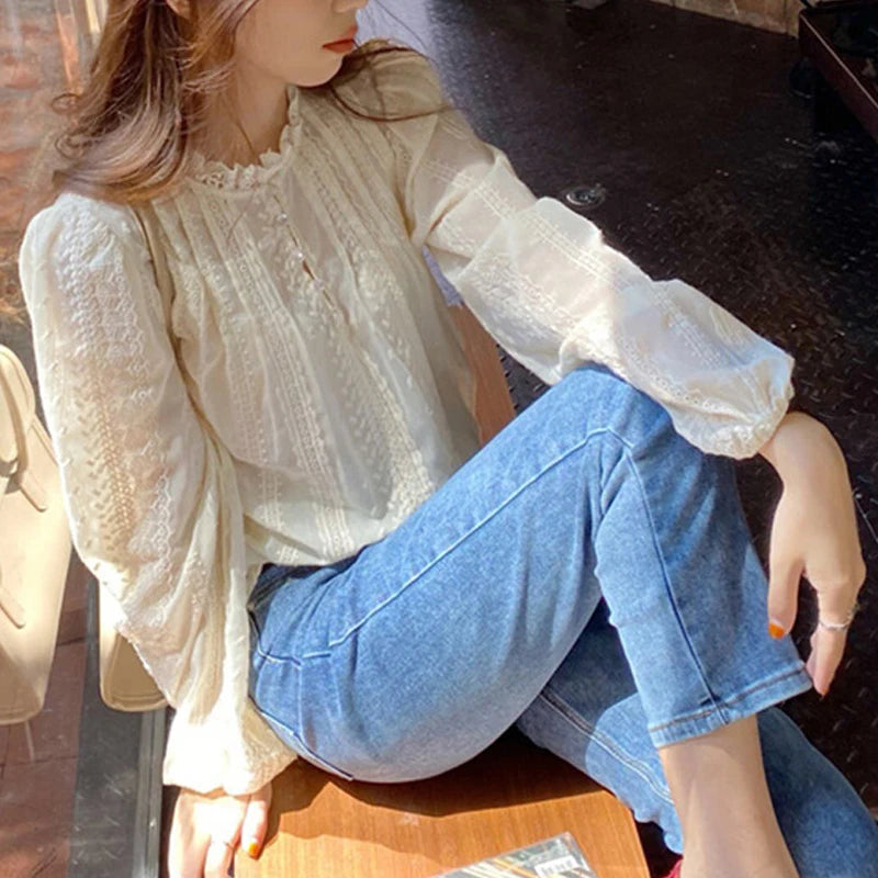 Elegant Lace Long Sleeve Blouse for Women – Casual Chic Office & Everyday Wear