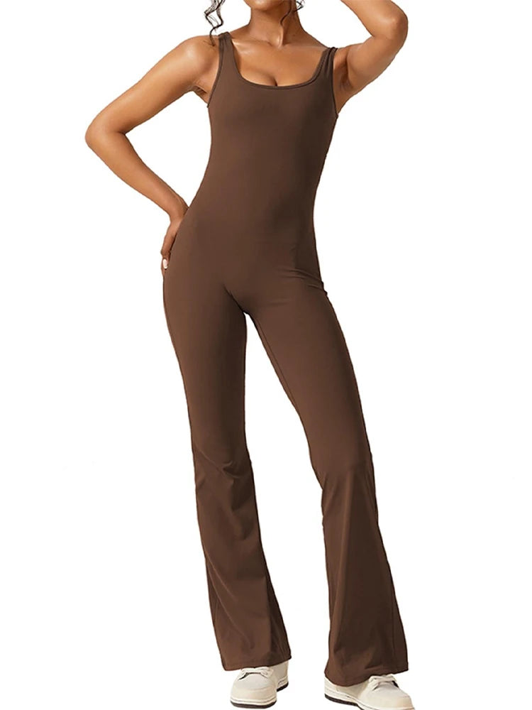 Women’s Flared Fitness Jumpsuit  Backless High-Waist Yoga Bodysuit with Hip Lift & Stretch Fit