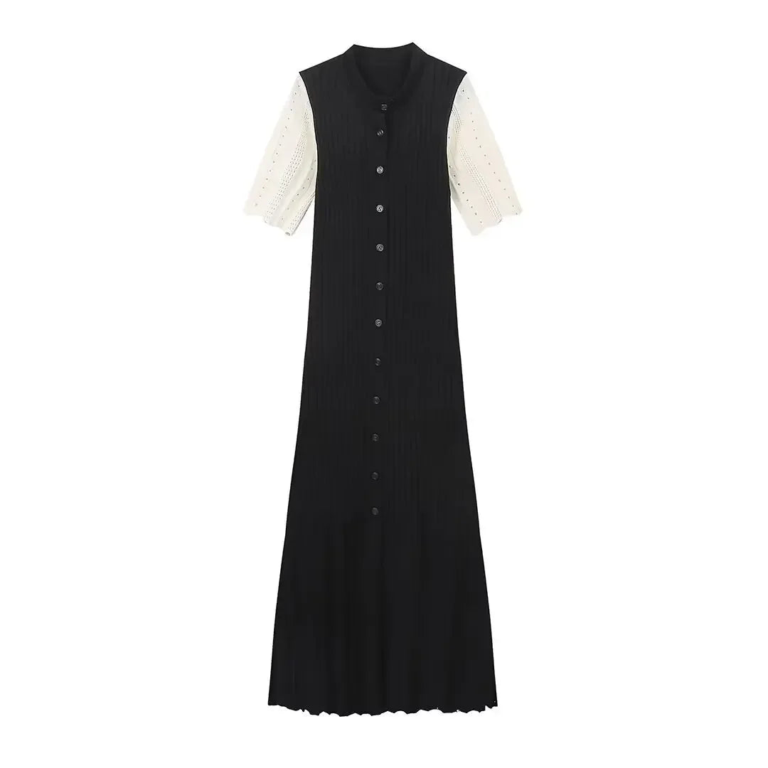 Women’s Elegant Knitted Maxi Dress O-Neck Button Detail High Waist Split Casual Chic Outfit