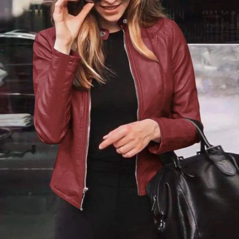 Women’s Classic Faux Leather Moto Jacket – Slim Fit Zipper Outerwear