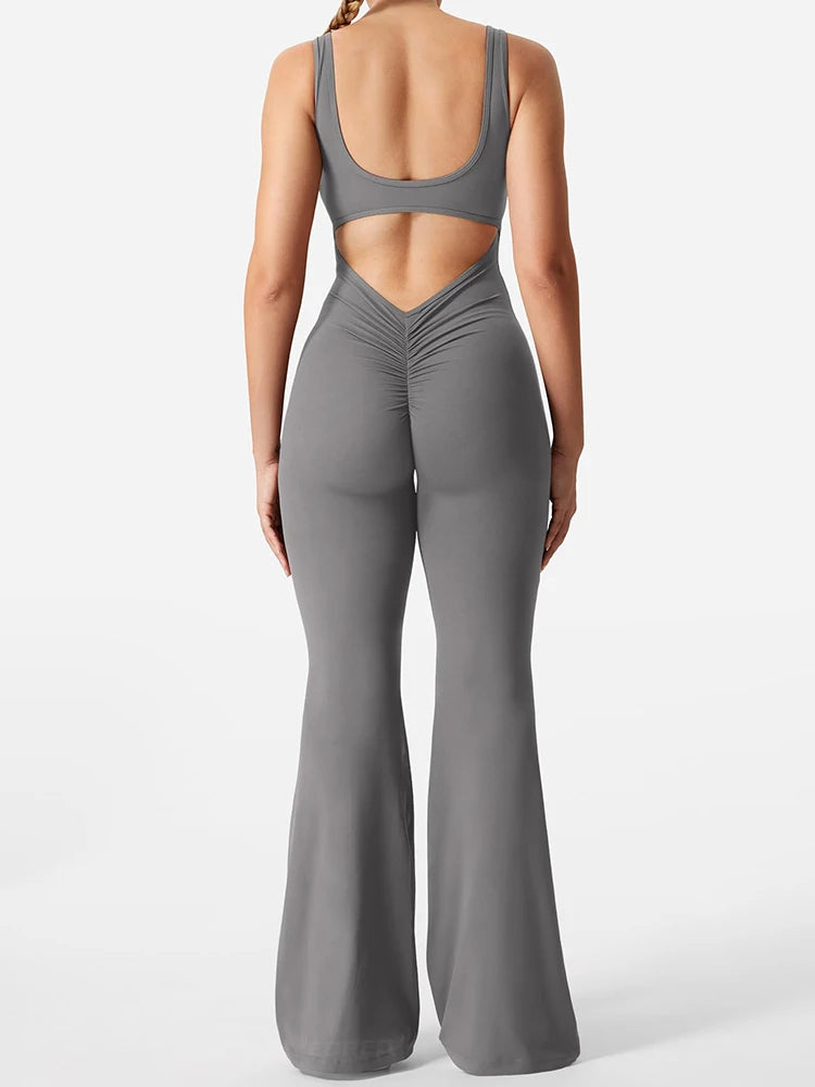 Women’s Flared Fitness Jumpsuit  Backless High-Waist Yoga Bodysuit with Hip Lift & Stretch Fit