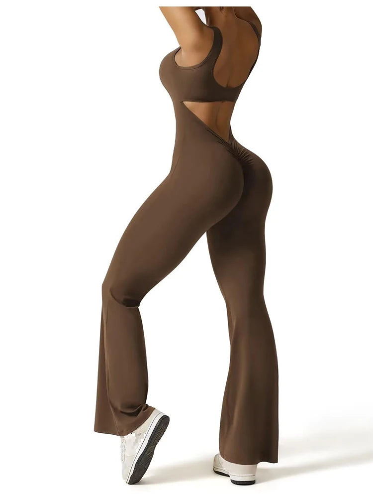 Women’s Flared Fitness Jumpsuit  Backless High-Waist Yoga Bodysuit with Hip Lift & Stretch Fit