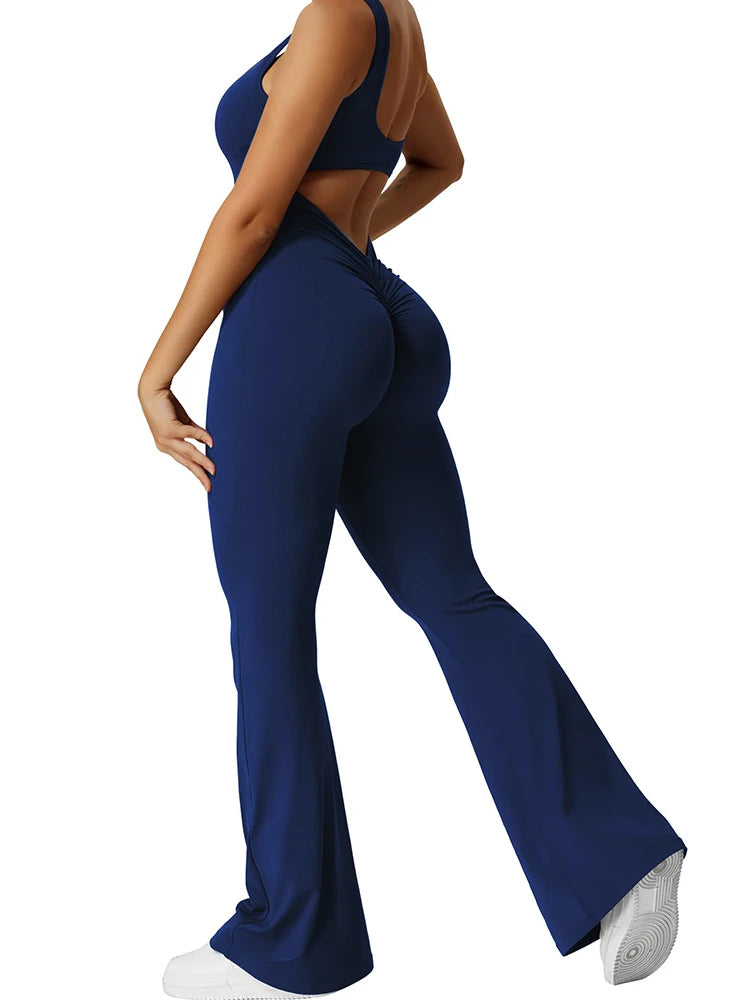 Women’s Flared Fitness Jumpsuit  Backless High-Waist Yoga Bodysuit with Hip Lift & Stretch Fit