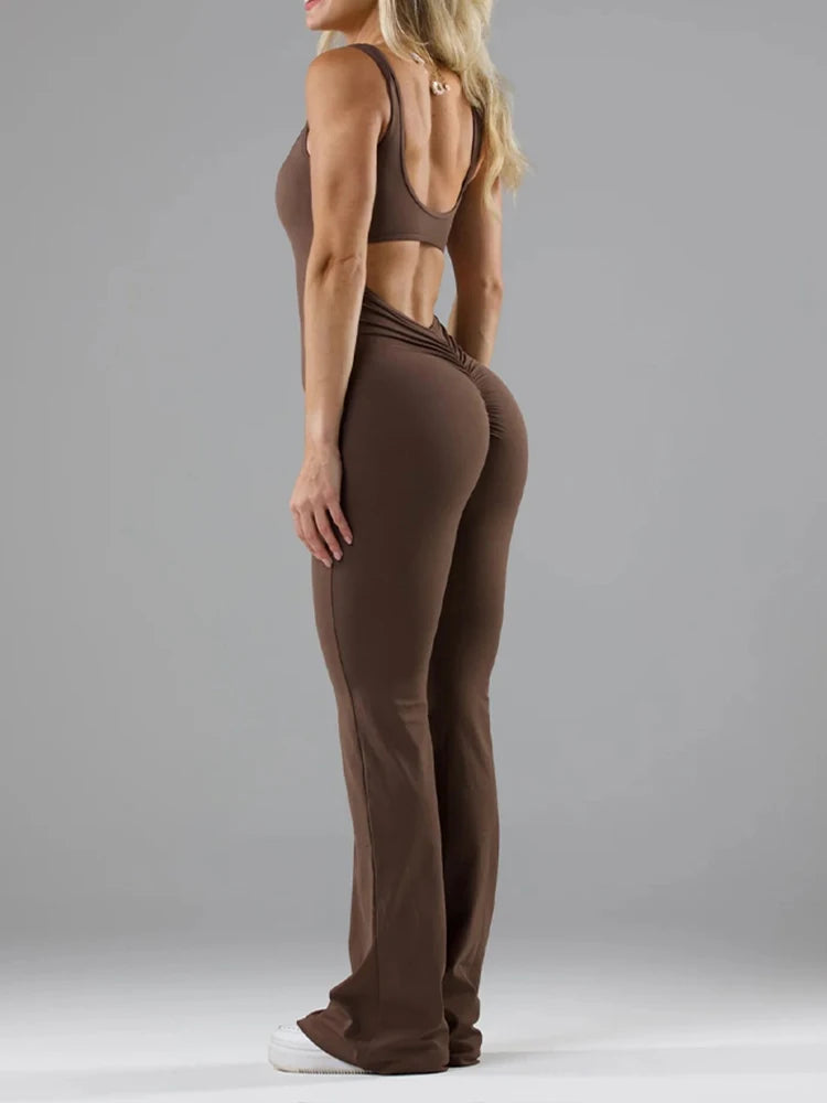 Women’s Flared Fitness Jumpsuit  Backless High-Waist Yoga Bodysuit with Hip Lift & Stretch Fit