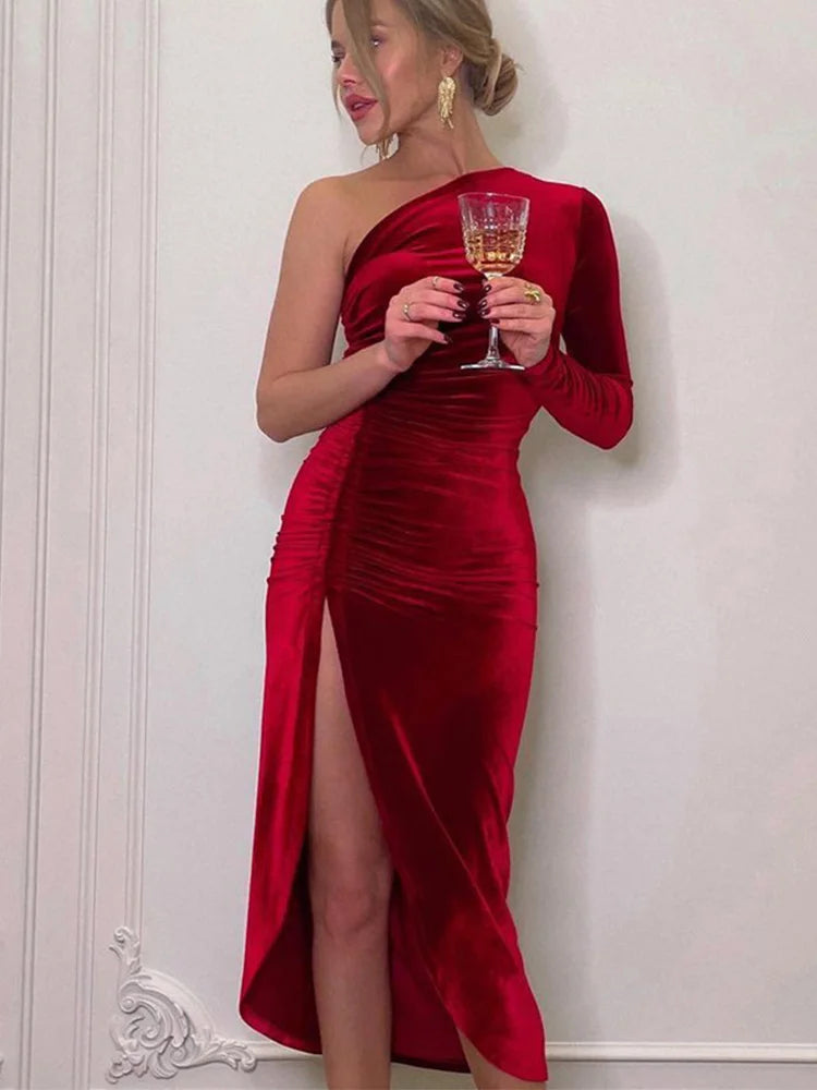 Elegant One-Shoulder Velvet Midi Dress – Long Sleeve Party & Evening Bodycon Dress for Women