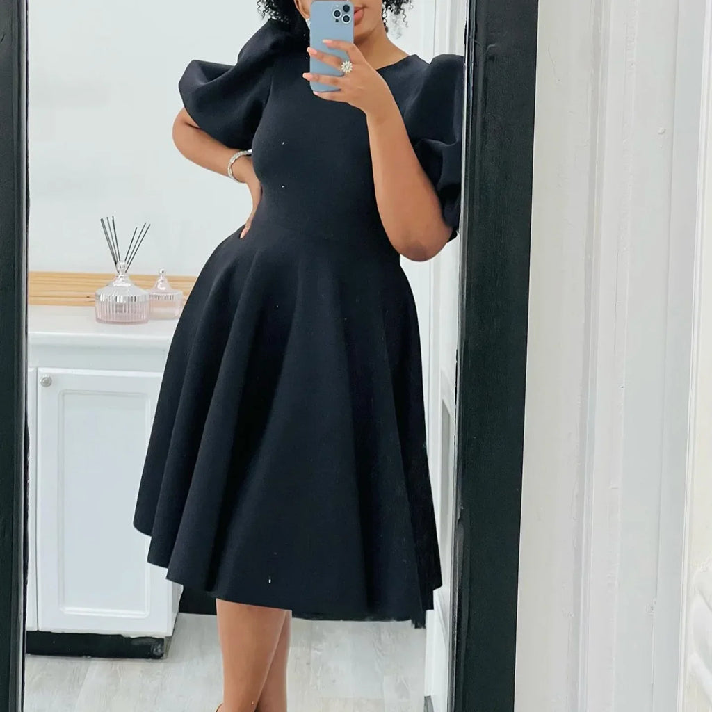Elegant O-Neck Pleated Midi Dress for Women – High Waist Short Sleeve Party & Evening Dress
