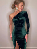 Elegant One-Shoulder Velvet Midi Dress – Long Sleeve Party & Evening Bodycon Dress for Women
