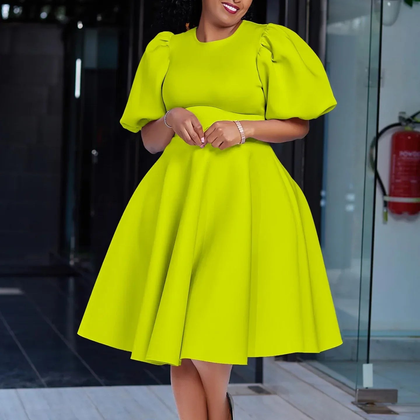 Elegant O-Neck Pleated Midi Dress for Women – High Waist Short Sleeve Party & Evening Dress