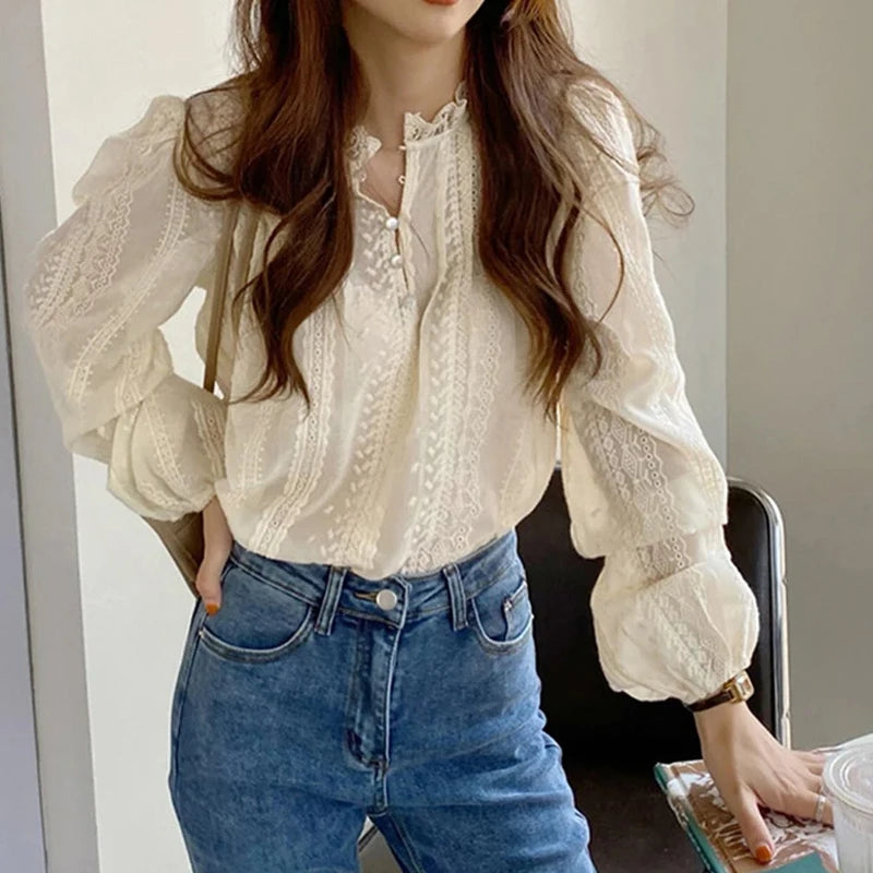 Elegant Lace Long Sleeve Blouse for Women – Casual Chic Office & Everyday Wear