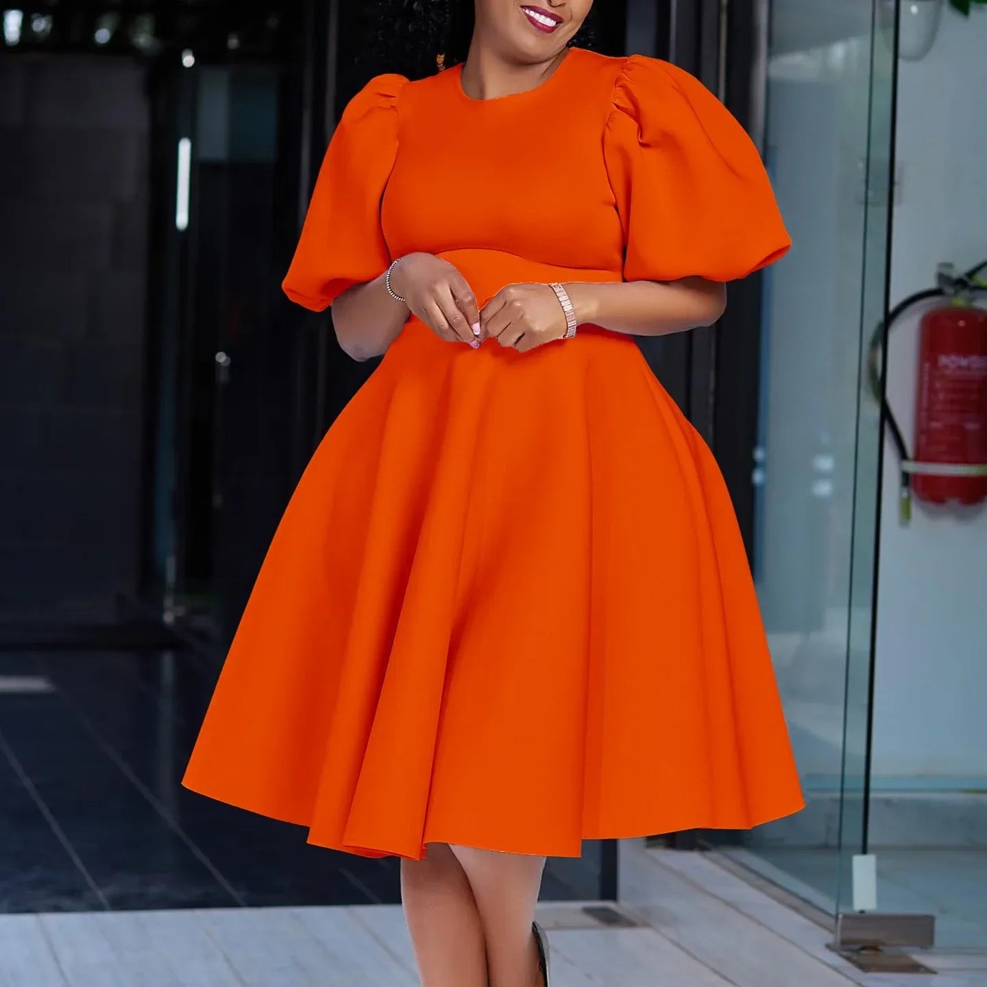 Elegant O-Neck Pleated Midi Dress for Women – High Waist Short Sleeve Party & Evening Dress