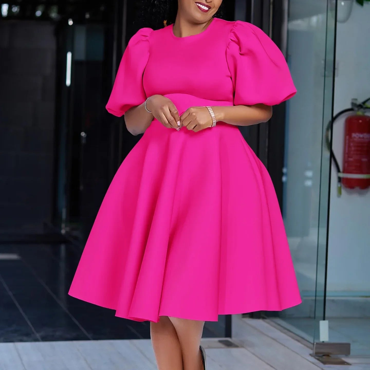 Elegant O-Neck Pleated Midi Dress for Women – High Waist Short Sleeve Party & Evening Dress