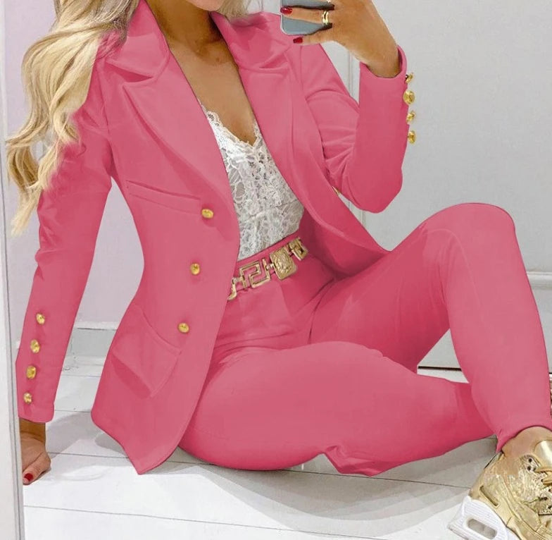 Women’s Elegant Two-Piece Suit – Long Sleeve Blazer and Pants Set, Modern Casual Outfit for Fall & Winter