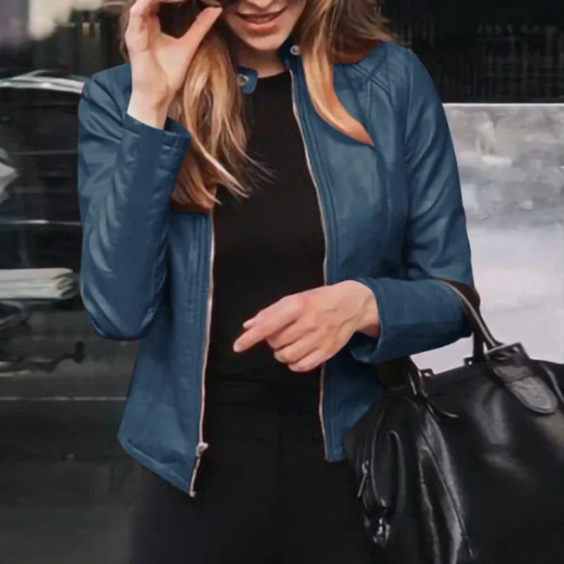 Women’s Classic Faux Leather Moto Jacket – Slim Fit Zipper Outerwear