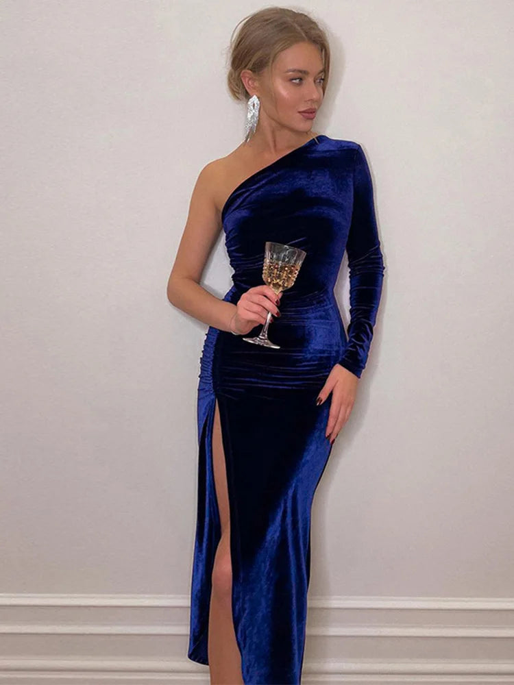Elegant One-Shoulder Velvet Midi Dress – Long Sleeve Party & Evening Bodycon Dress for Women