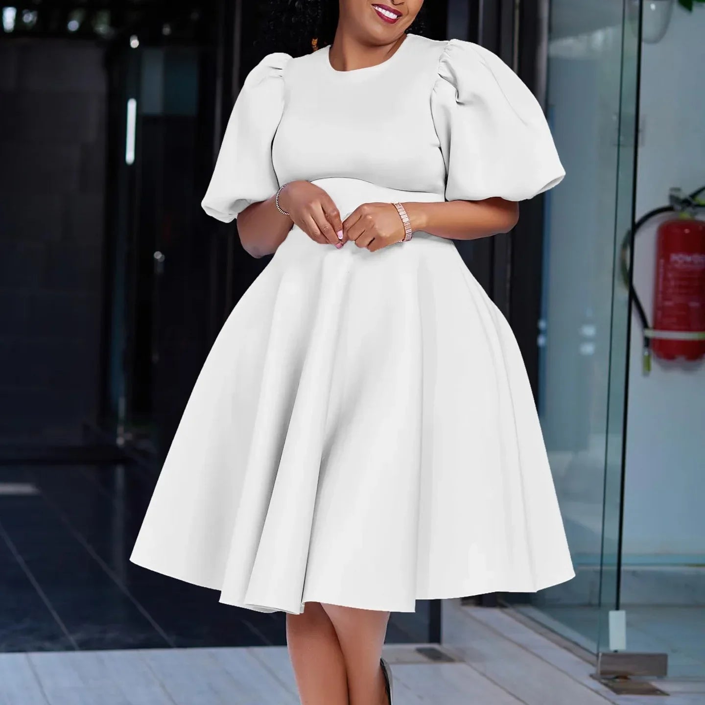 Elegant O-Neck Pleated Midi Dress for Women – High Waist Short Sleeve Party & Evening Dress