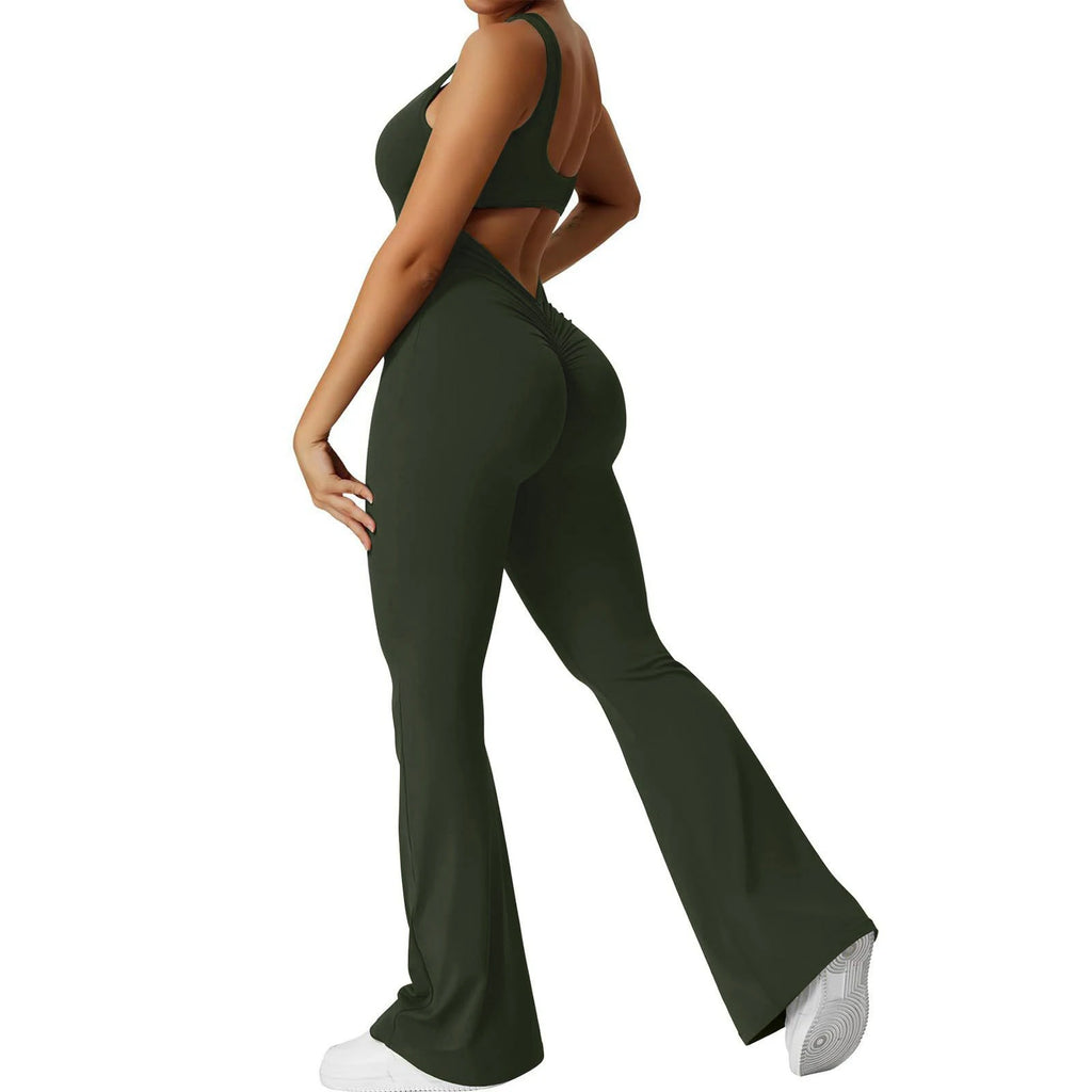 Women’s Flared Fitness Jumpsuit  Backless High-Waist Yoga Bodysuit with Hip Lift & Stretch Fit