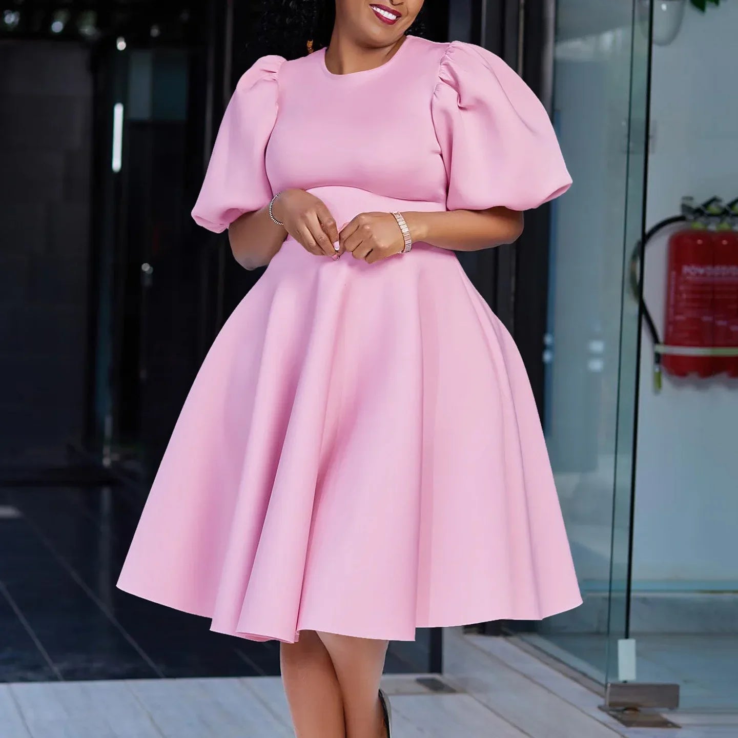 Elegant O-Neck Pleated Midi Dress for Women – High Waist Short Sleeve Party & Evening Dress