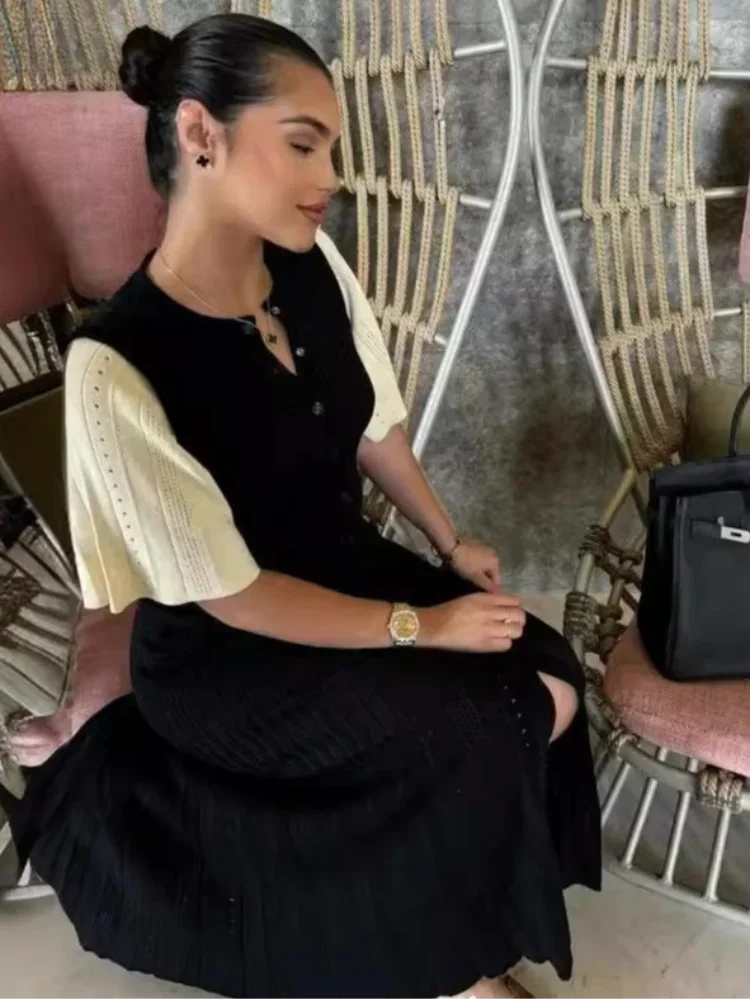 Women’s Elegant Knitted Maxi Dress O-Neck Button Detail High Waist Split Casual Chic Outfit