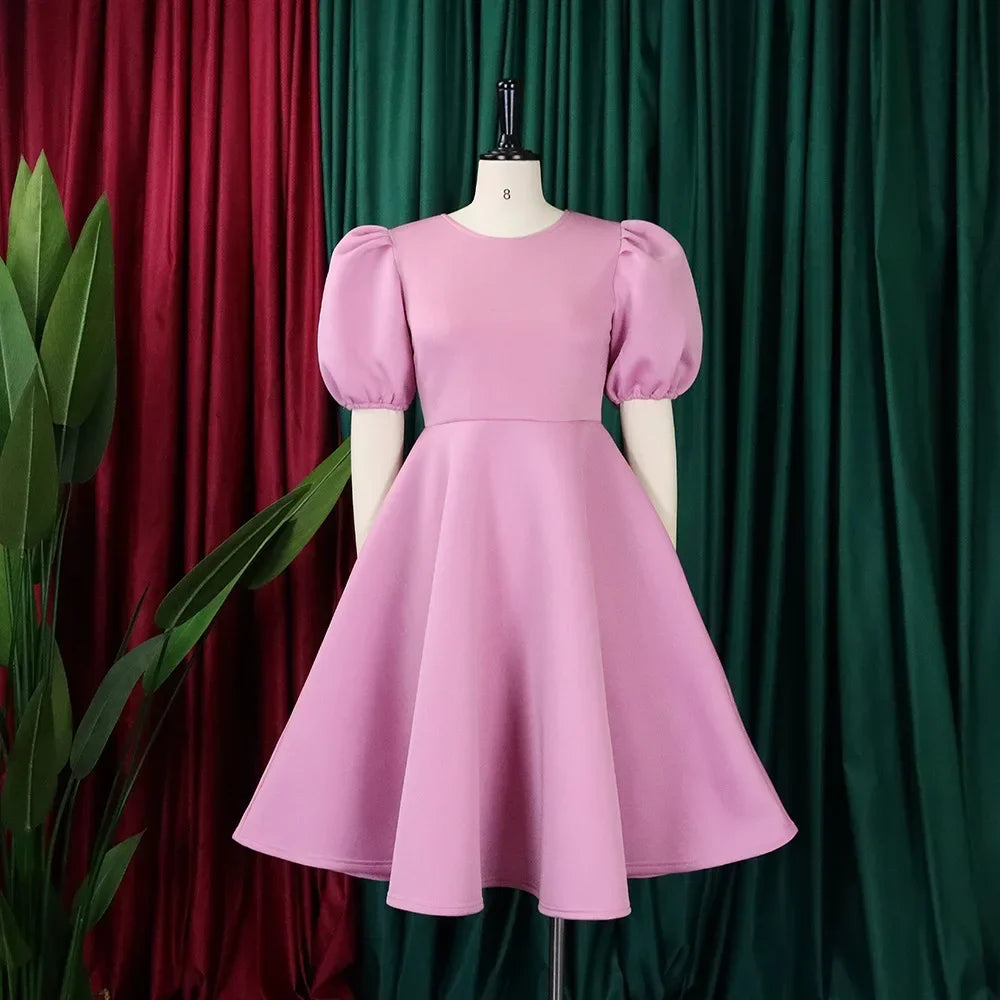 Elegant O-Neck Pleated Midi Dress for Women – High Waist Short Sleeve Party & Evening Dress