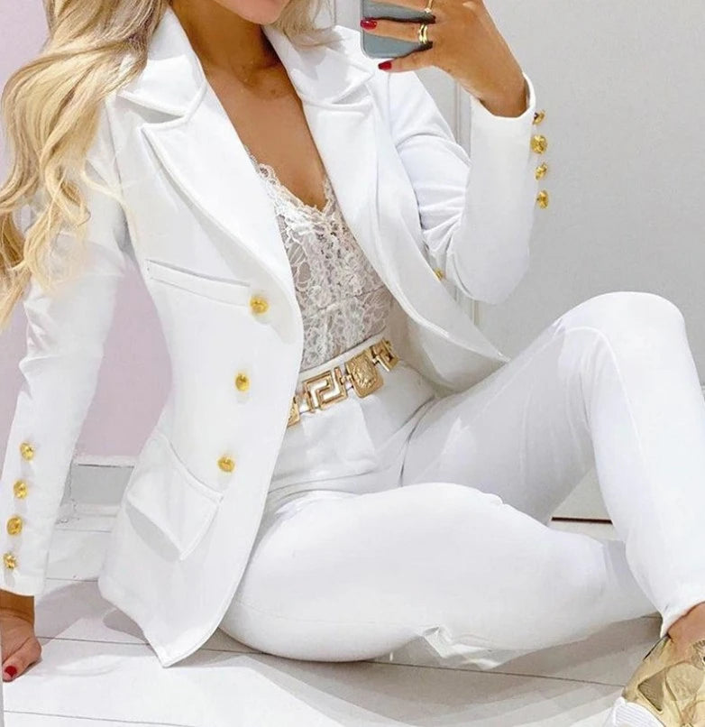 Women’s Elegant Two-Piece Suit – Long Sleeve Blazer and Pants Set, Modern Casual Outfit for Fall & Winter