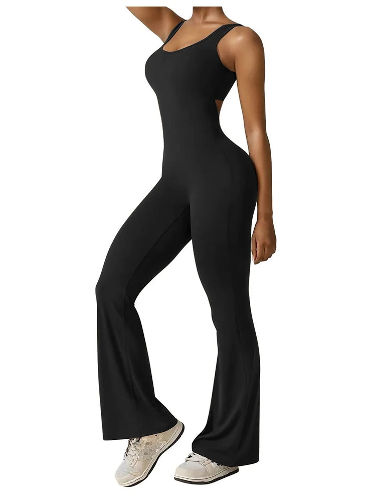 Women’s Flared Fitness Jumpsuit  Backless High-Waist Yoga Bodysuit with Hip Lift & Stretch Fit