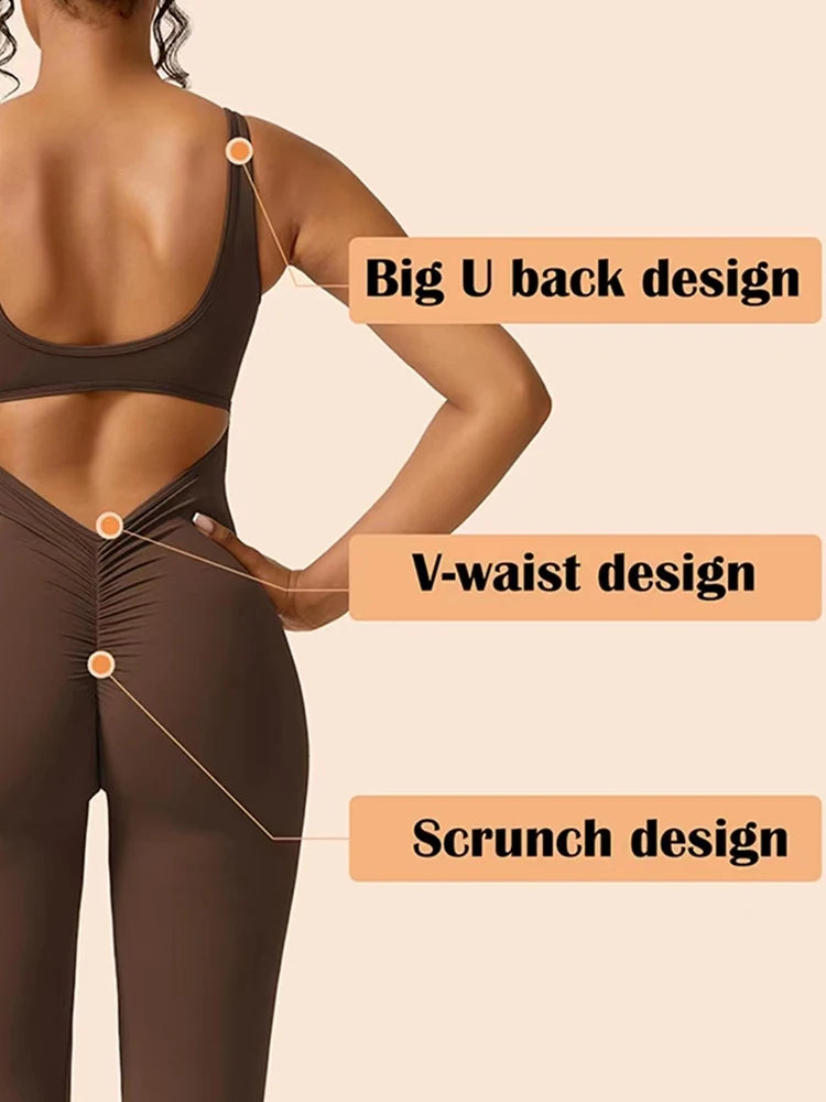 Women’s Flared Fitness Jumpsuit  Backless High-Waist Yoga Bodysuit with Hip Lift & Stretch Fit
