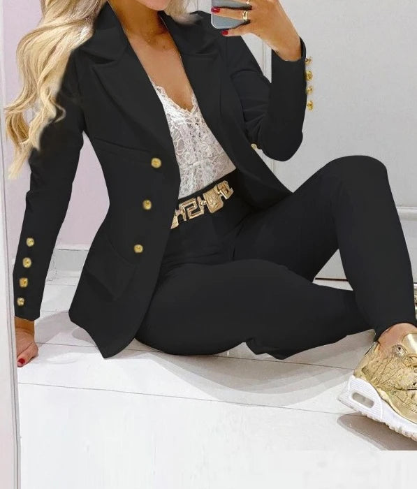Women’s Elegant Two-Piece Suit – Long Sleeve Blazer and Pants Set, Modern Casual Outfit for Fall & Winter