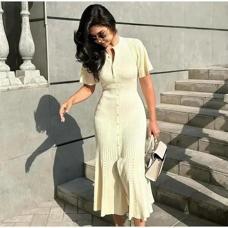 Women’s Elegant Knitted Maxi Dress O-Neck Button Detail High Waist Split Casual Chic Outfit