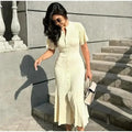 Women’s Elegant Knitted Maxi Dress O-Neck Button Detail High Waist Split Casual Chic Outfit