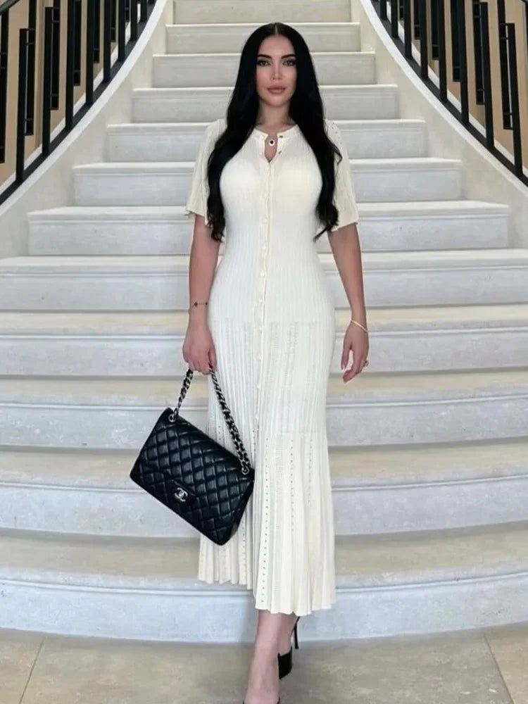 Women’s Elegant Knitted Maxi Dress O-Neck Button Detail High Waist Split Casual Chic Outfit